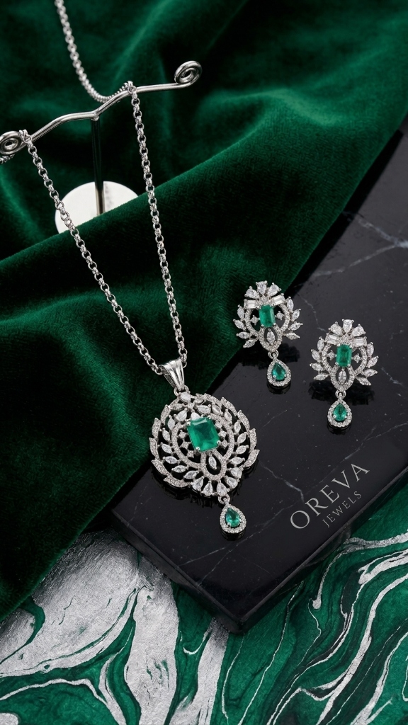 3-Carat Emerald and Silver Necklace and Earrings Set